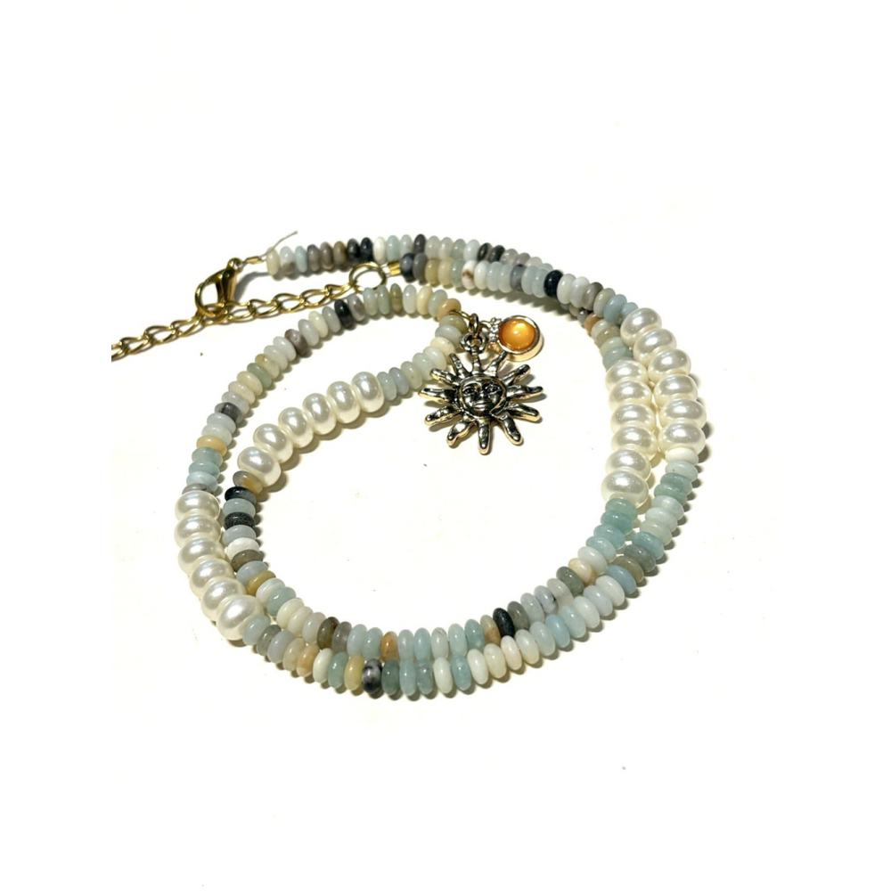 Handmade Sun Charm Necklace with Amazonite, Pearls & Gold Accents - Picture 2 of 5